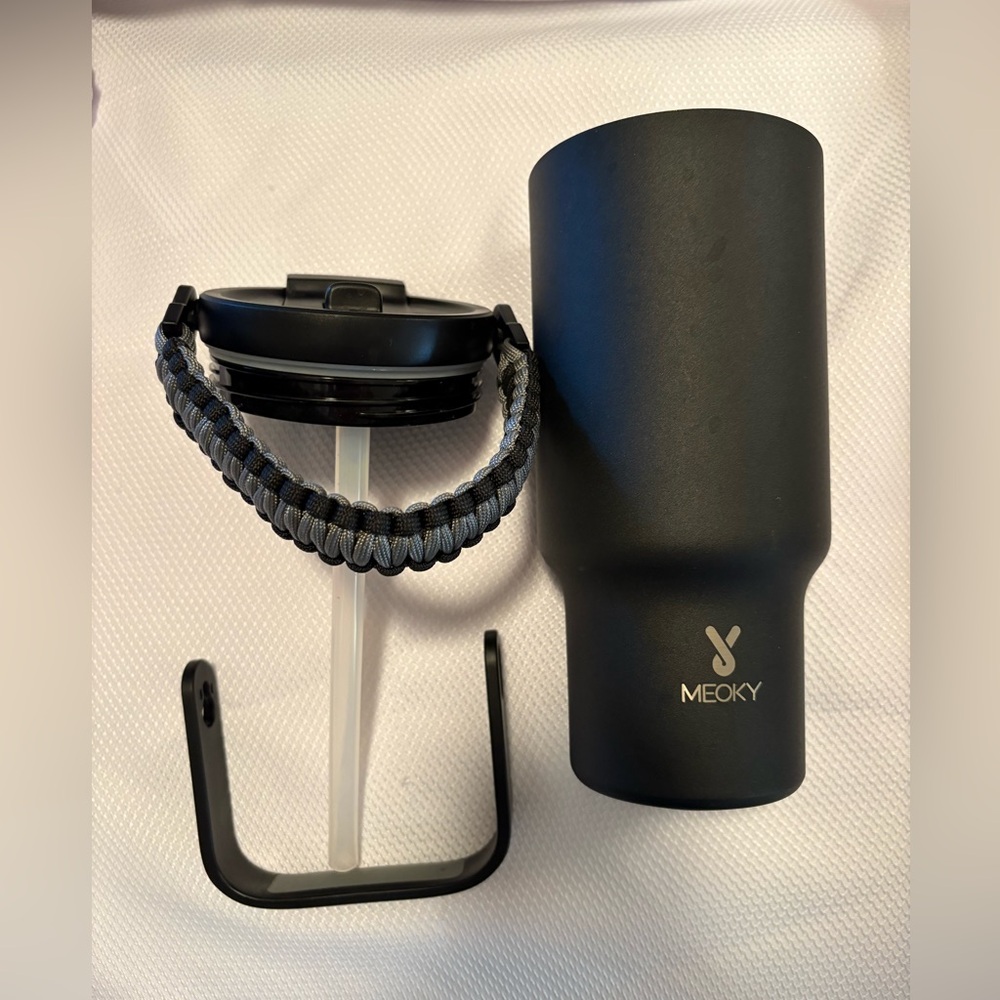 Black Insulated Travel Tumbler with Straw Lid and two handles